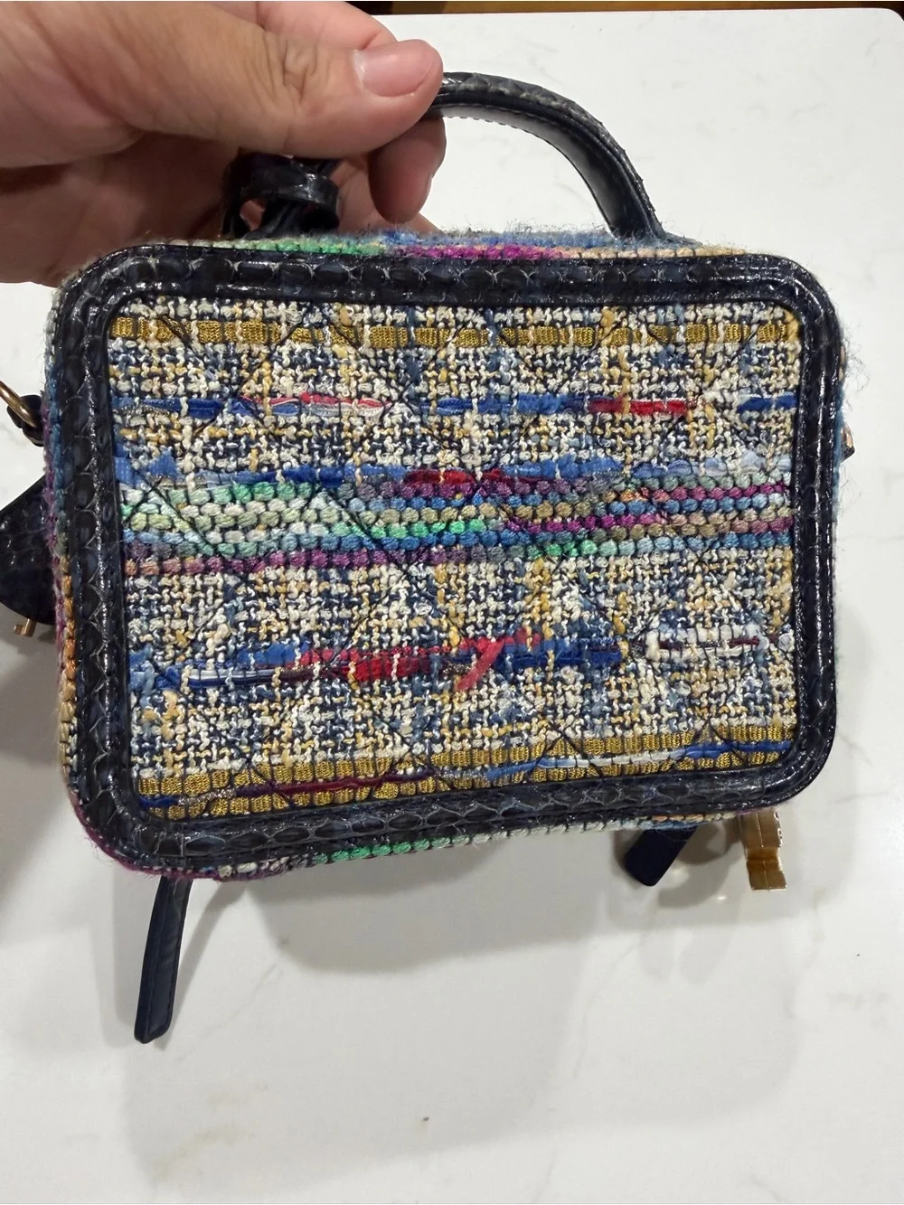CHANEL Multicolor Tweed Vanity Crossbody with Navy Leather Trim